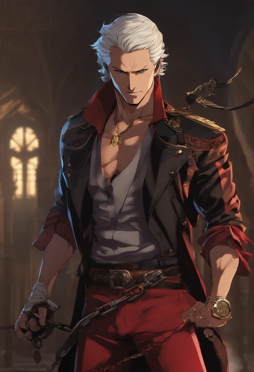 A man in red pants holding a gun and chains, Joe Biden como um personagem JoJo, Gatilho Estilo de Arte de Anime, joseph joestar, arte chave do anime, filho de sparda, Personagem de King of Fighters, personagem de anime masculino, Pin no anime, personagem de anime, Melhor Design de Personagens de Anime, Arte Oficial, personagem de jogo de luta, name of the character is chad, Vergil