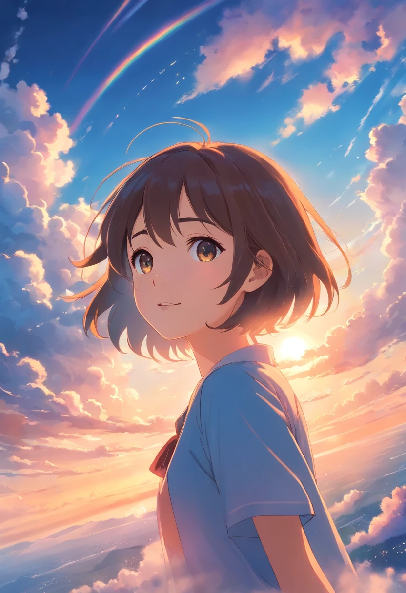 masterpiece, best quality, movie still, 1girl, cloud girl, floating in the sky, close-up, bright, happy, warm soft lighting, sunset, (sparks:0.7)