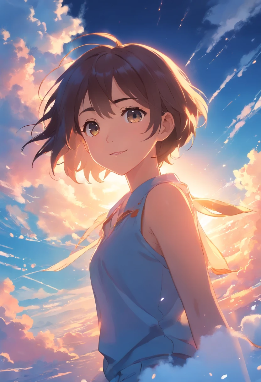 masterpiece, best quality, movie still, 1girl, cloud girl, floating in the sky, close-up, bright, happy, warm soft lighting, sunset, (sparks:0.7)