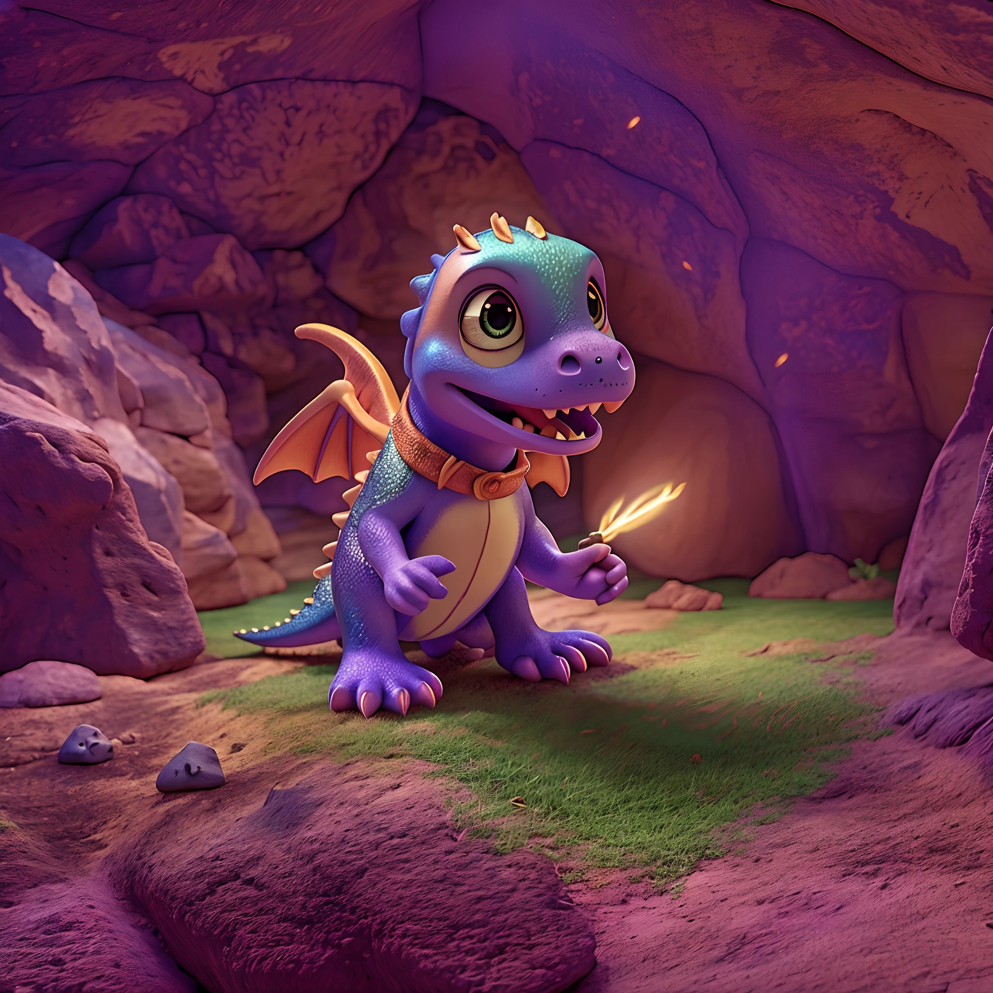 (Pixar style),Little dinosaur fluttering its wings in the sky,There is fire in the mouth,In the cave,Miniature character model, Light source from right to left, Rum lighting, Light source from right to left, , (Faraway view), Realistic proportions, Post-processing, Super detail, Realistic, Super realistic, photoreal render, Irridescent color, glitters