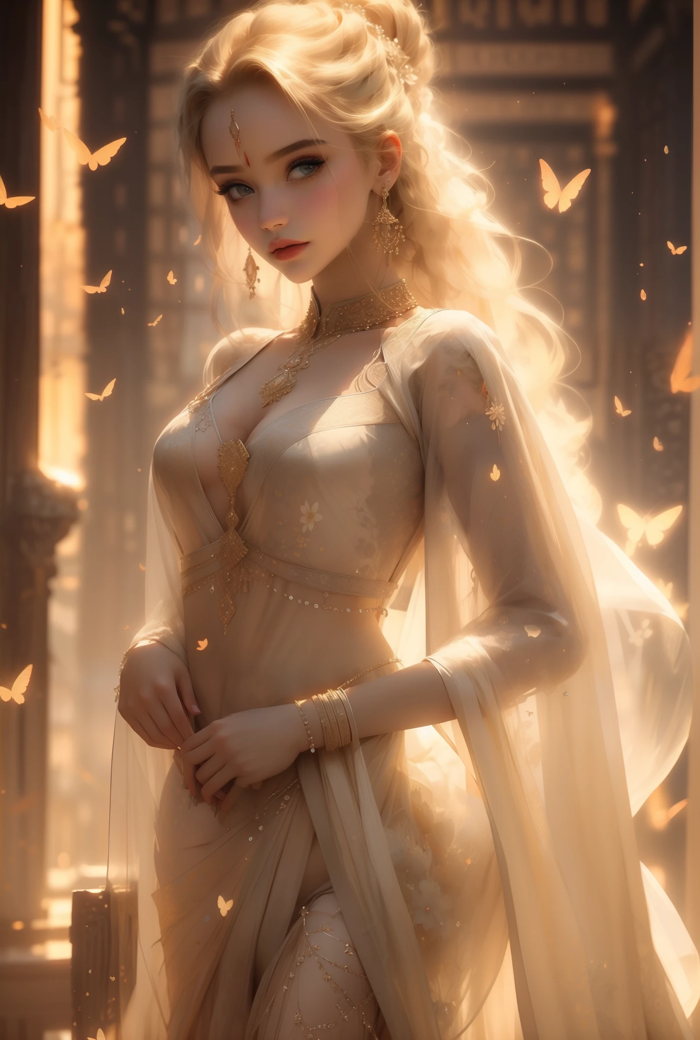 A beautiful blonde girl wearing a beautiful transparent gradient saree, covered in floral crystal jewels filigree, hyperdetailed, upscaled, sharp face, big chest, bold and majestic look