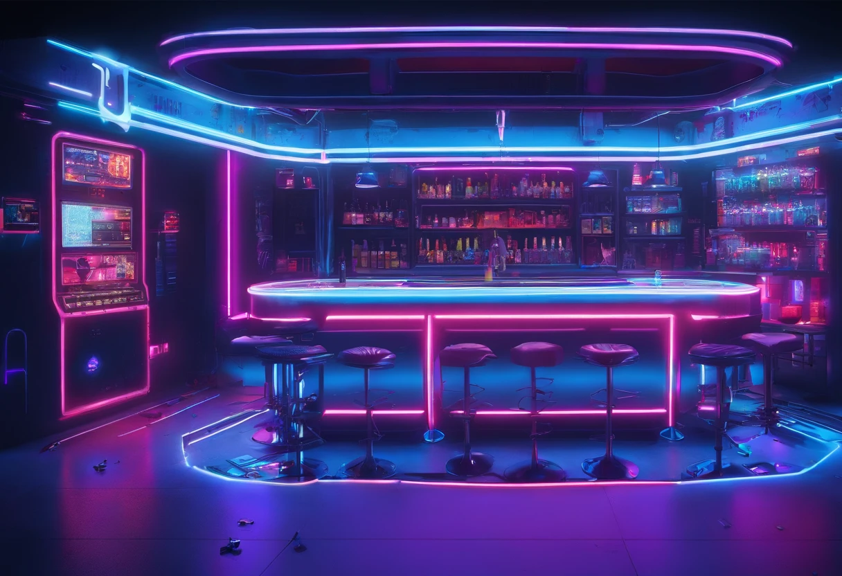 a room with a bar and stools with neon lights on the walls and a neon sign above the bar, Cedric Seaut (Keos Masons), unreal 5, a screenshot, photorealism , the_observer