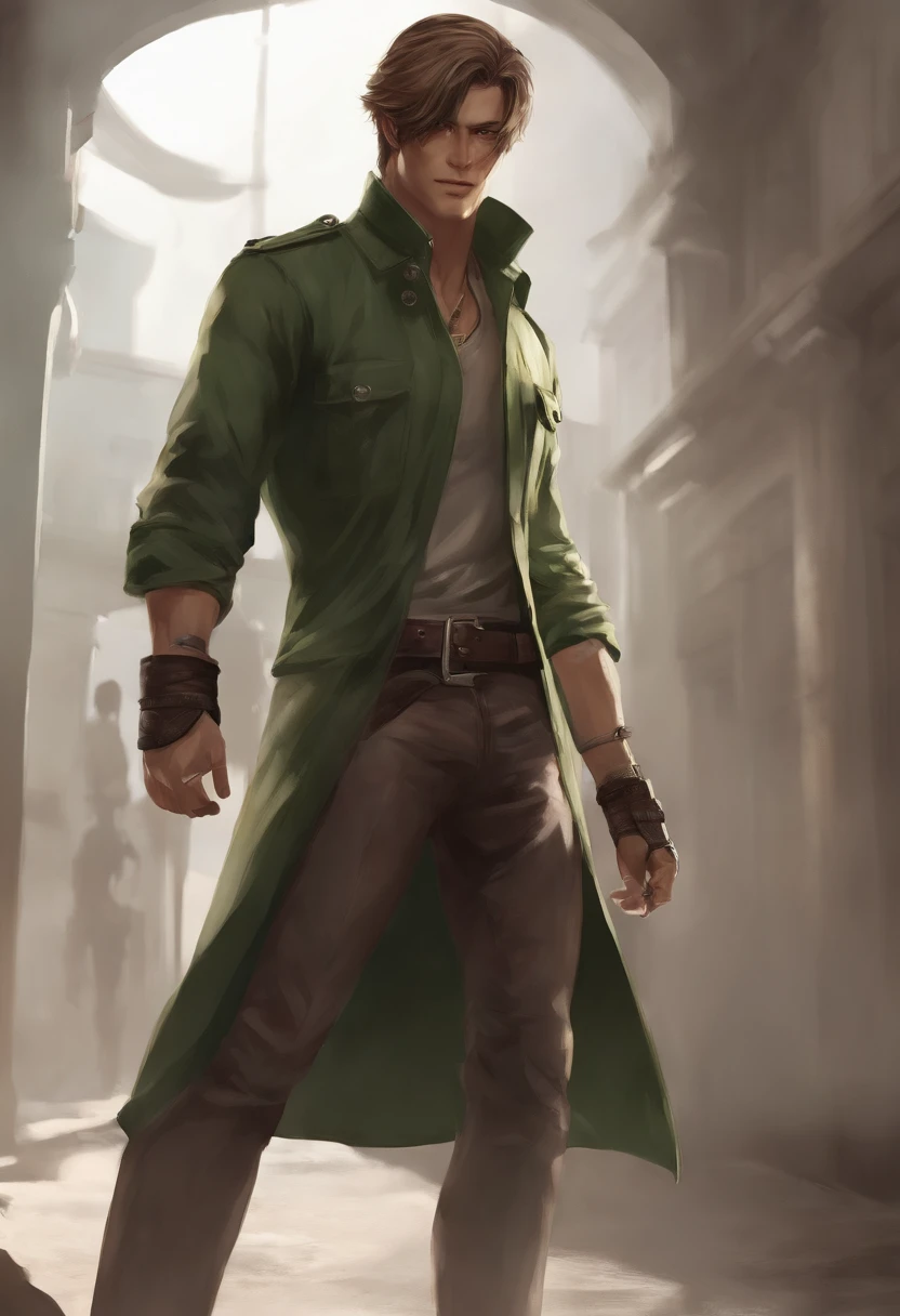 personagem ANIME homem, corpo inteiro, Standing, forte, longos cabelos loiros, ((design sketches)), (master part), extremamente detalhado, (projeto original reservado), (random poses), Leader, (Exclusive accessories), (garments, colete verde, jeans), (rosto barbudo) profissionalmente retocado, fundo branco, (macho: 1.1) artes marciais, parkour (Caucus clothes jeans r: 0.8), (sujo: 1.1), (movimento: 0.8), (jovem: 1.3), (carreira: 0.6) (Conceito Silent Hill) (conceito de resident evil)