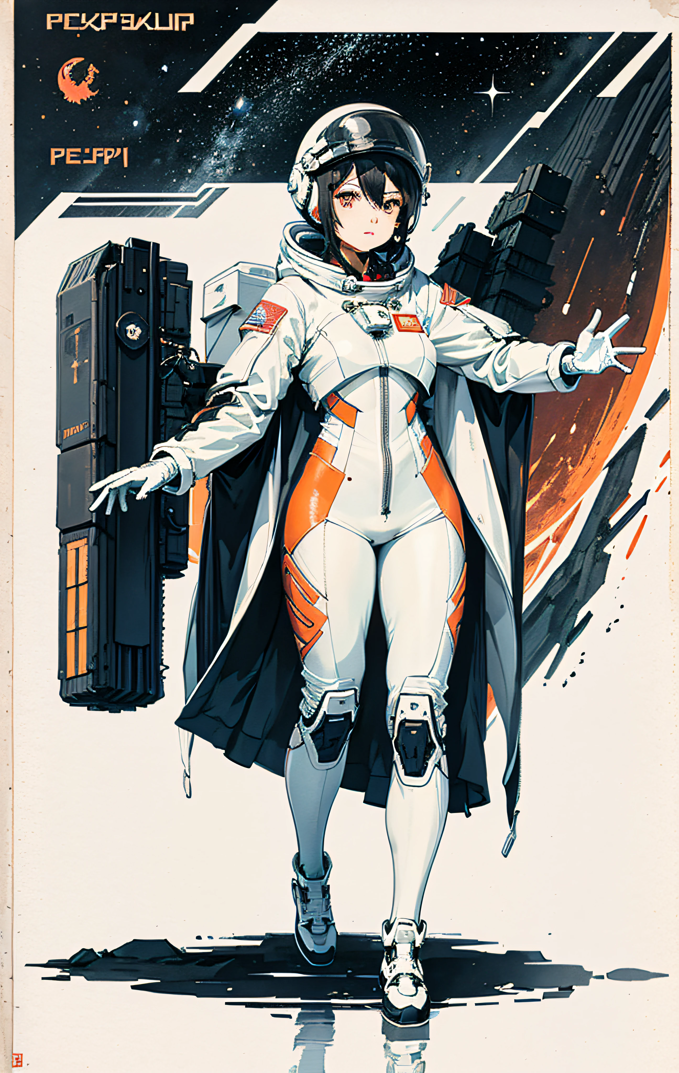 1girl,flat_breasts,cute,beautiful detailed eyes,shiny hair,visible through hair,hairs between eyes, CCCPposter, sovietposter,red monochrome,soviet poster, soviet,communism, Black_hair,red_eyes,vampire,age,poorbreast,Spacesuit:Orange_clothing_body:jumpsuit),white_gloves, white_space shoes, white_helmet, the CCCP red letters on the top of helmet, weightlessness, Side light, reflection, The person in the spacesuit is at the bottom left of the frame, The right hand is outstretched, the right hand gently touches the Salyut space station), Space station in the upper right corner of the screen, Reflected light from the sun, Silver metal,red flag, brilliance,USSR style, diffuse reflection, Metallic texture, The vista is a blue Earth,mecha style,the sea of star,high tone, magnificent
