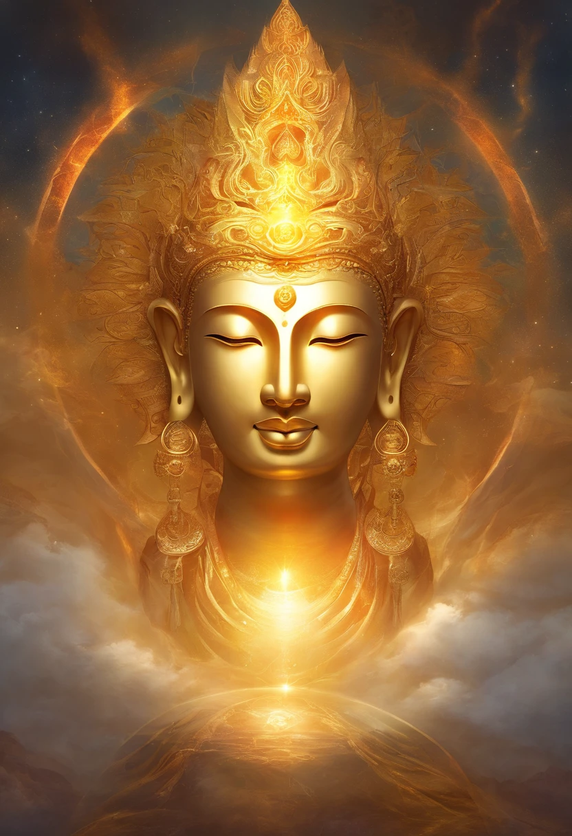 Sun God's Halo,Buddha,golden colored,Golden background,Face enlargement,