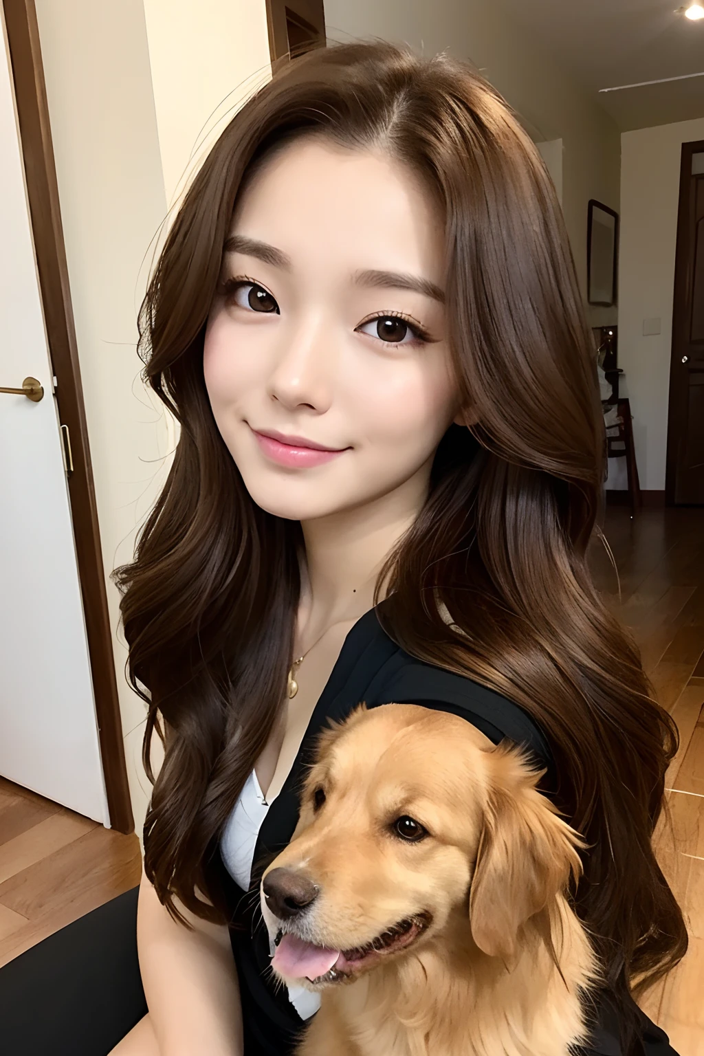 25 year-old girl, long hair, Happy and a golden retriever, dark brown hair, in the house