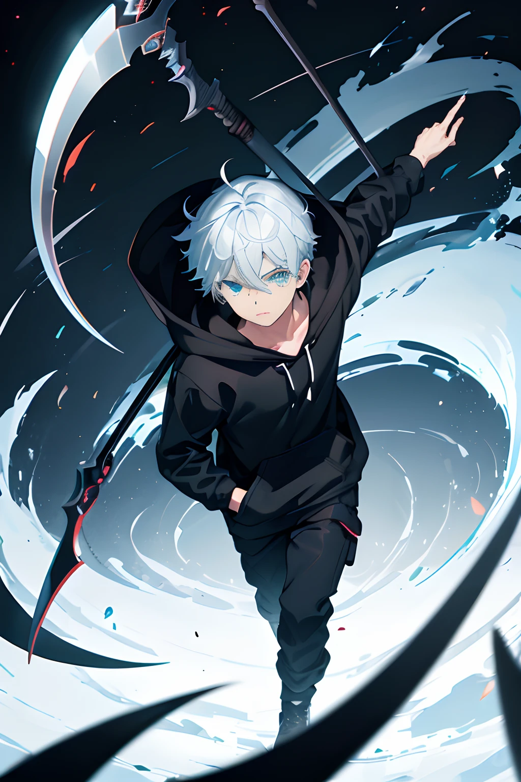 A Siliuet a boy Making a scythe fly with open hands, wearing hoodie, glowing eyes, Walking on the blades Walking on the blades, off close-up, red focus