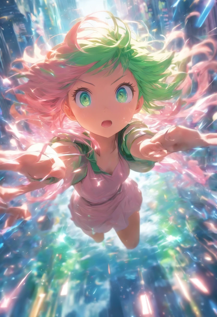 foreshortening,  depth of fields, Master Parts, Best Quality, 1girl in, Pink hair, bluish green eyes,  Medium hair, floating,Pink Ray, soio, look at viewr,pink  dress, Scattering,  Dim sunshine,