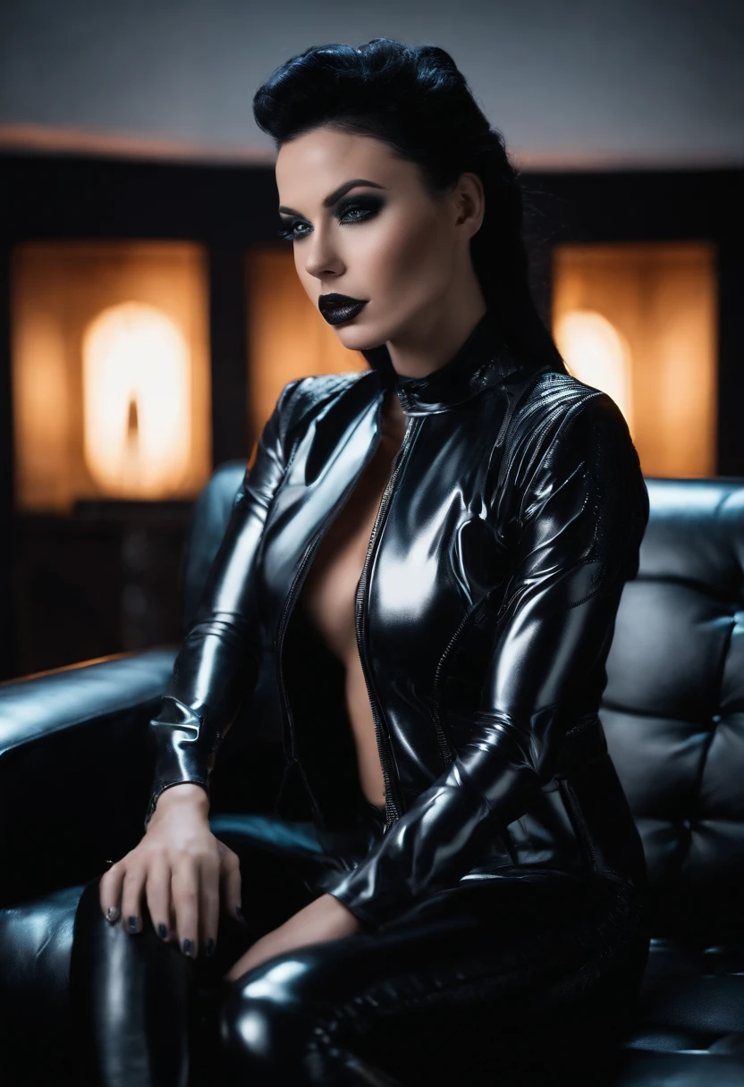 Gorgeous goddess in black latex pants and black latex Tron legacy themed jacket with black hair and deep eye shadow, sitting with legs up on a black couch in an empty black room