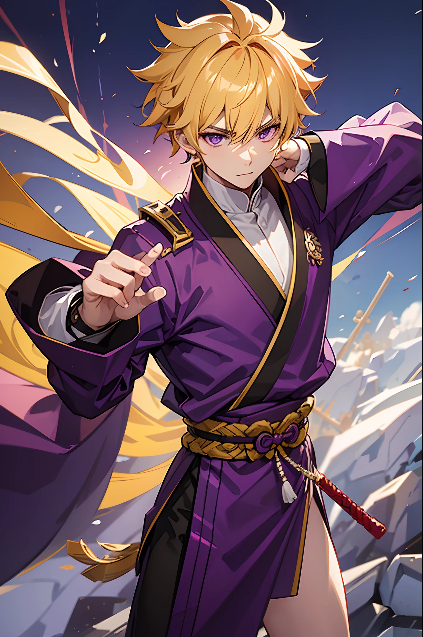 An 18-year-old man, with triangular spiky yellow hair and purple eyes, is wearing a crimson red martial arts kimono with a purple waist sash, anime, xuanhuan.