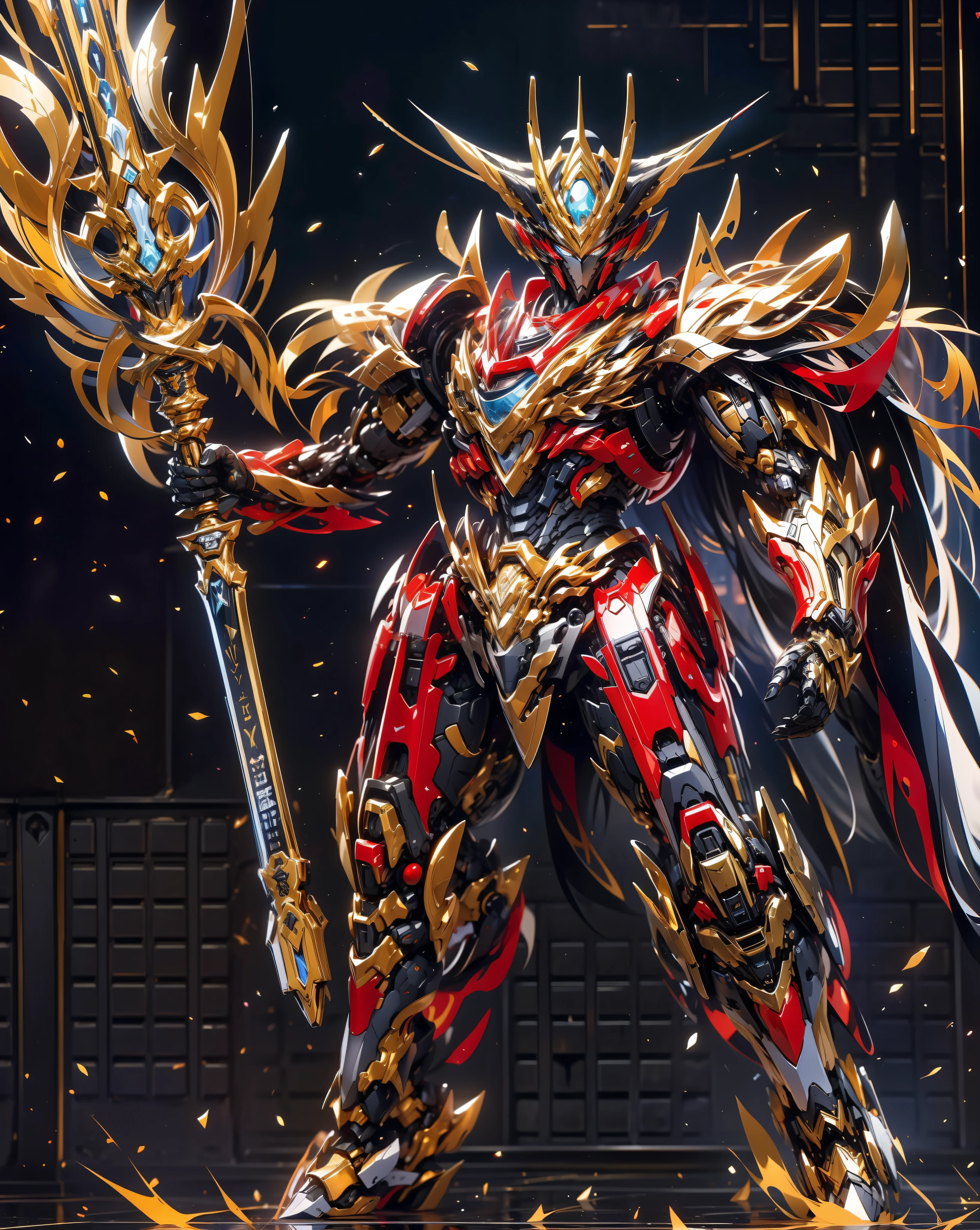 super wide shot, Full body frontal photo,Mecha male warrior,The heroic demeanor of the Three Kingdoms,《Mech color: Red Deep Series》,(《Romance of the Three Kingdoms》,《Lü Bu》,Holding Fang Tian's halberd in his hand,),(Full body mecha), Keqing from Genshin Impact, (Masterpiece) , The best quality, High quality,Gold armor,电影灯光, (Exquisite future), Beautiful and beautiful, Ultra detailed, great composition, Floating, Depth of field, (Very detailed CG,Unity 8k壁纸), (Beautiful detail background), dramatic lights, GOGETTA, Mecha,best qualtiy,Ultra-high 8K Ultra HD,digital SLR camera,high qulity,Film particle resolution,