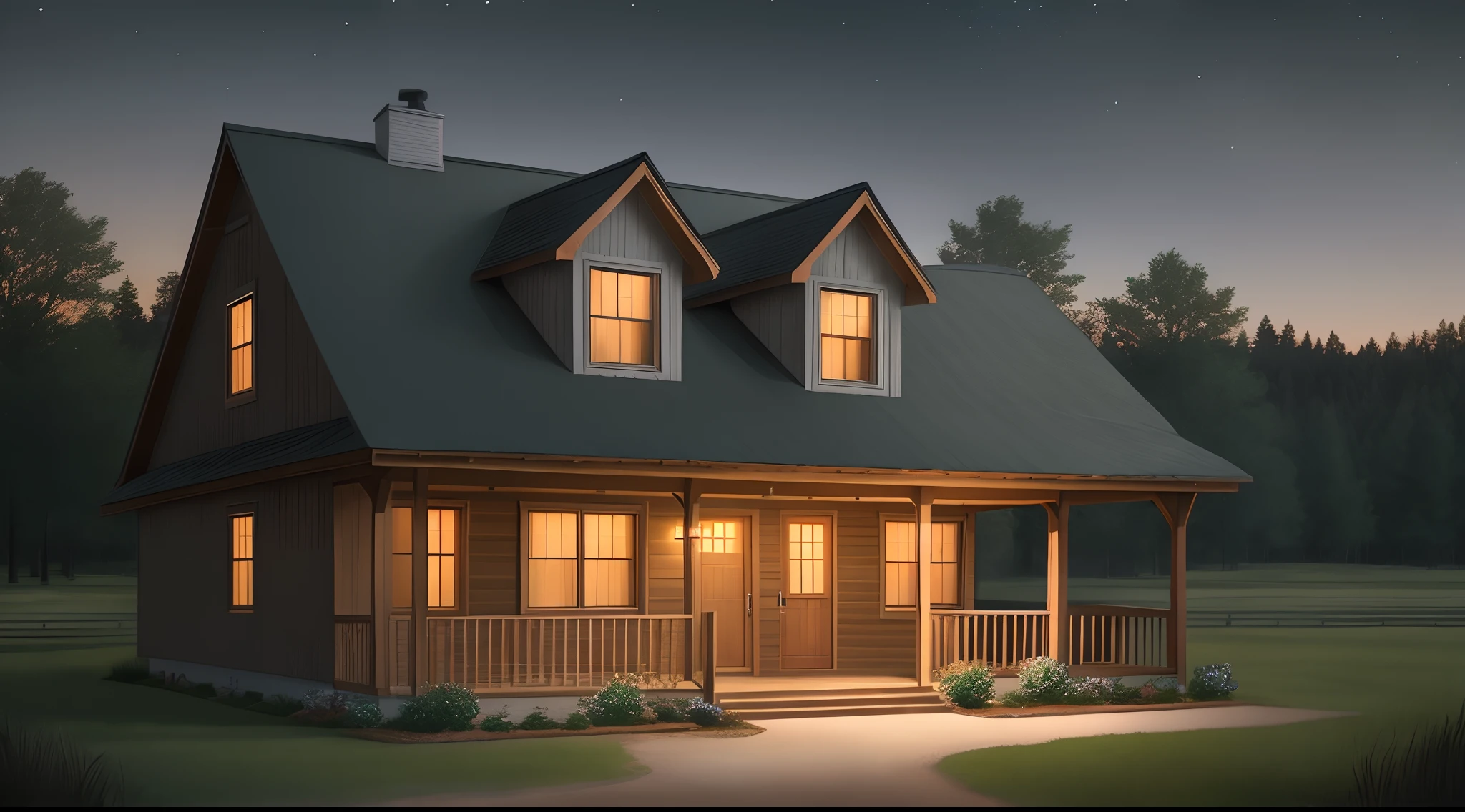 Rural house with front porch at night