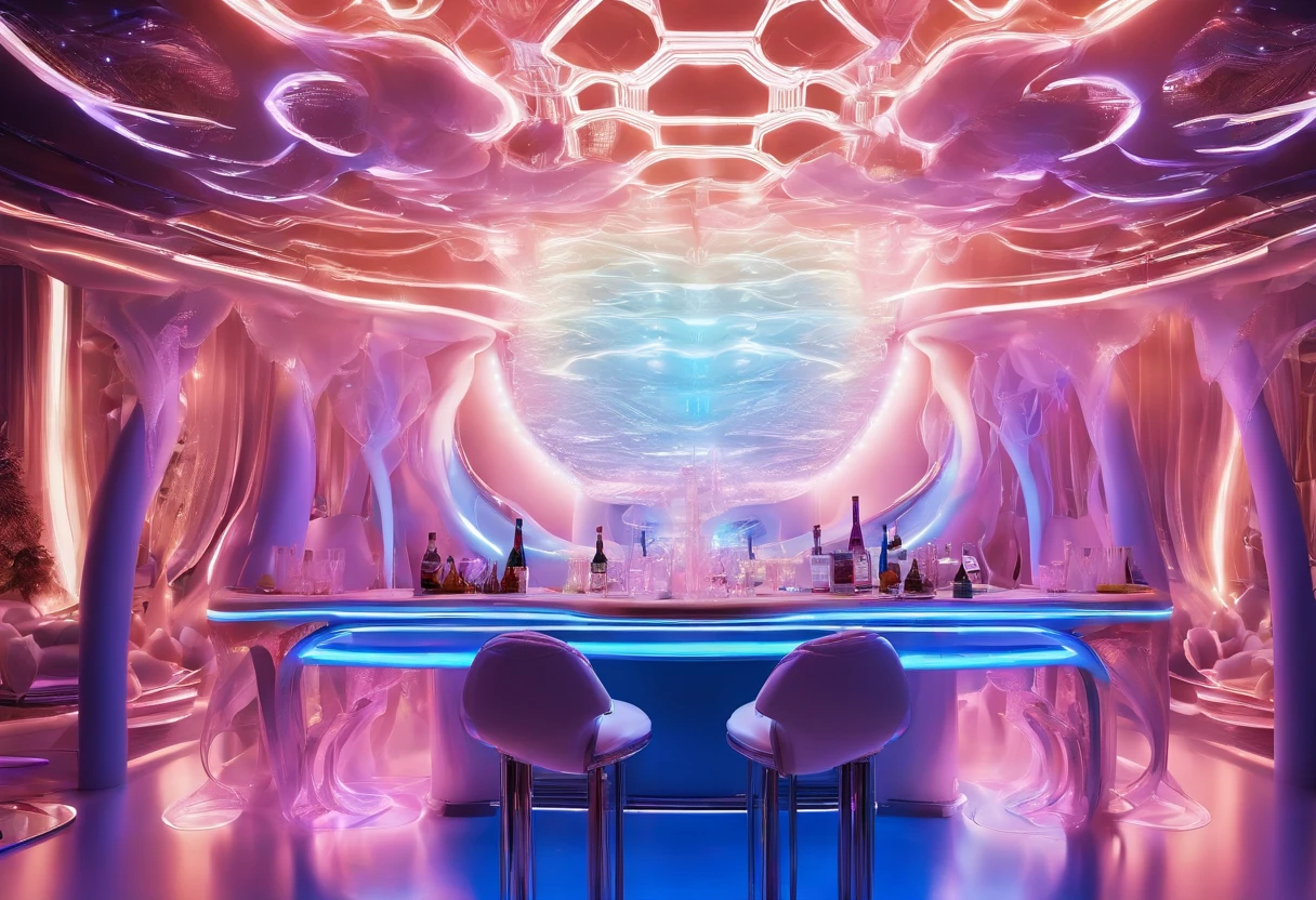 The bar table is designed in a futuristic, modern and technological style, with blue LED strips and a white bar