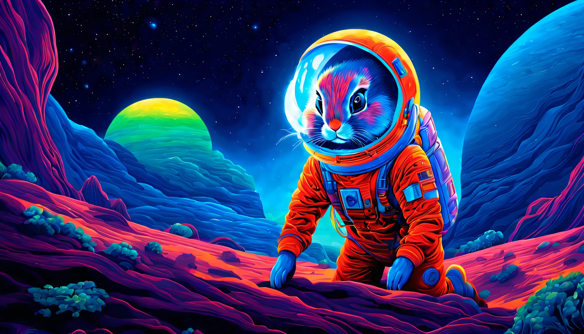 oil painted，(((A bioluminescent rabbit))), horrified expression, Dressed in a high-tech spacesuit,  Stand on the windowsill，Look at the Earth with a space background in front of you, Post-apocalyptic background style, Bright warm colors, Movie poster, Compelling documentary photographs, Earthworks, metallic rotation, IMAX, 21st century, The man in the spacesuit is gone & Wander through a landscape surrounded by planets, In the style of Imax, Anna Dietman, Alexey Briklot, Alex Colville, centered image, hyper detailed illustration, posing on a, (Four colors), Whimsical, Enchanting, children's storybook, (ink lines:1.1), strong outline, art by mschiffer, Bold markers, unframed, High contrast, (cel-shaded:1.1), vectorial, 32K resolution, Best quality, Flat colors, Flat lights. The fusion of art and mathematics, ultra - detailed, trending on art station, Sharp focus, Studio photography, intricately details, Highly detailed, Centered, perfectly symmetrical,