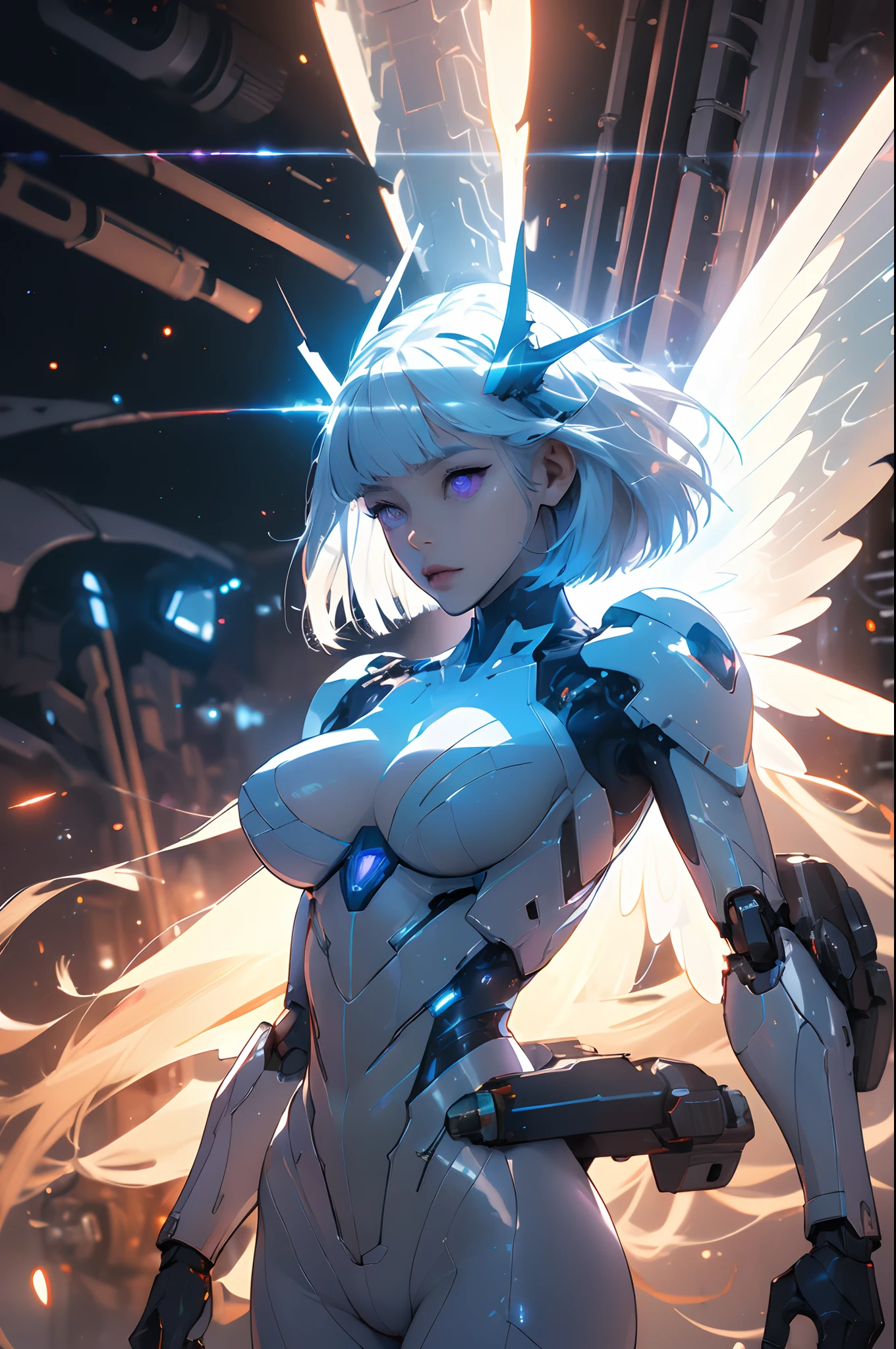 ((((Masterpiece, Best quality, high resolution)))), Extremely detailed 8K, Beautiful girl with slim body, (Ultra HD, Ultra-detailed, Highly detailed, Highly realistic, Ultra-realistic, photograph realistic), (1girll:1.5), realistic white hair, Short wavy hair, Bob cut, Purple eyes, (Large breasts: 1.2), cleavage, Mecha musume, (White full body suit), Luminous parts, Light particles, Light, Mechanical wings, Mechanical thrusters, Mecha headdress, cyber effect, cyber space, (Dynamic pose), Cowboy shot