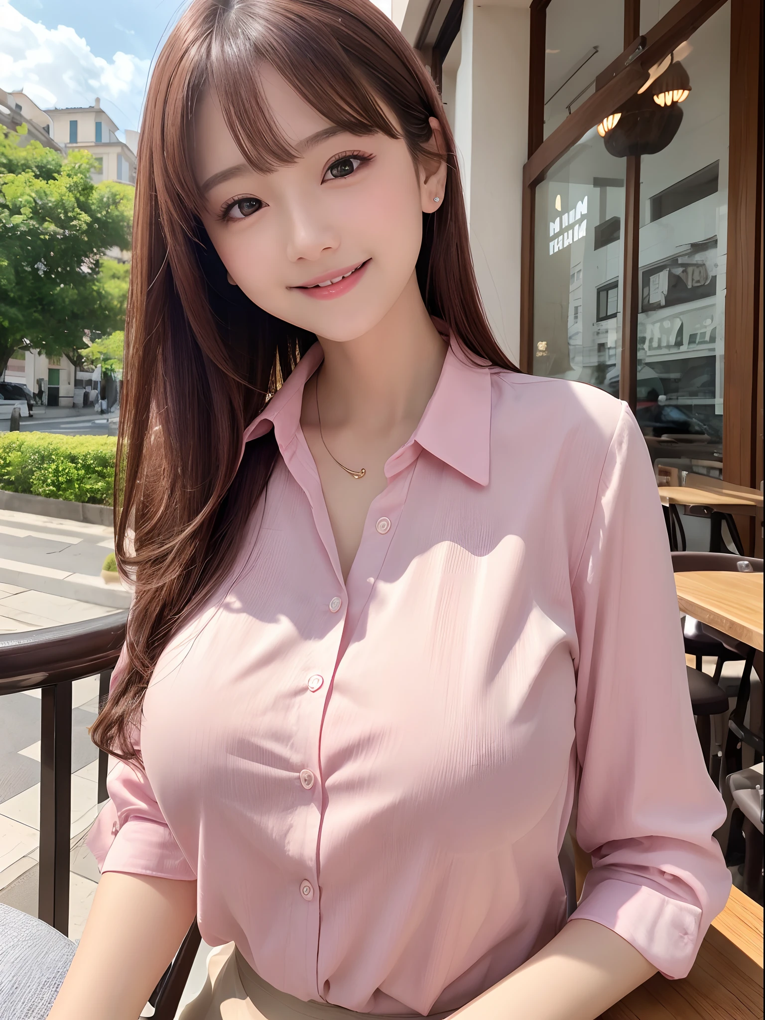 masutepiece、Best Quality、 ultra-detailliert、hight resolution、8K Wallpapers、Perfect dynamic composition,、Beautiful detailed eyes、(Beautiful breasts:1.1)、Pink Business Shirt、1girl in、a beauty girl、Brown hair、cafe terrace、Eat sweets in a large glass deliciously、A smile、date