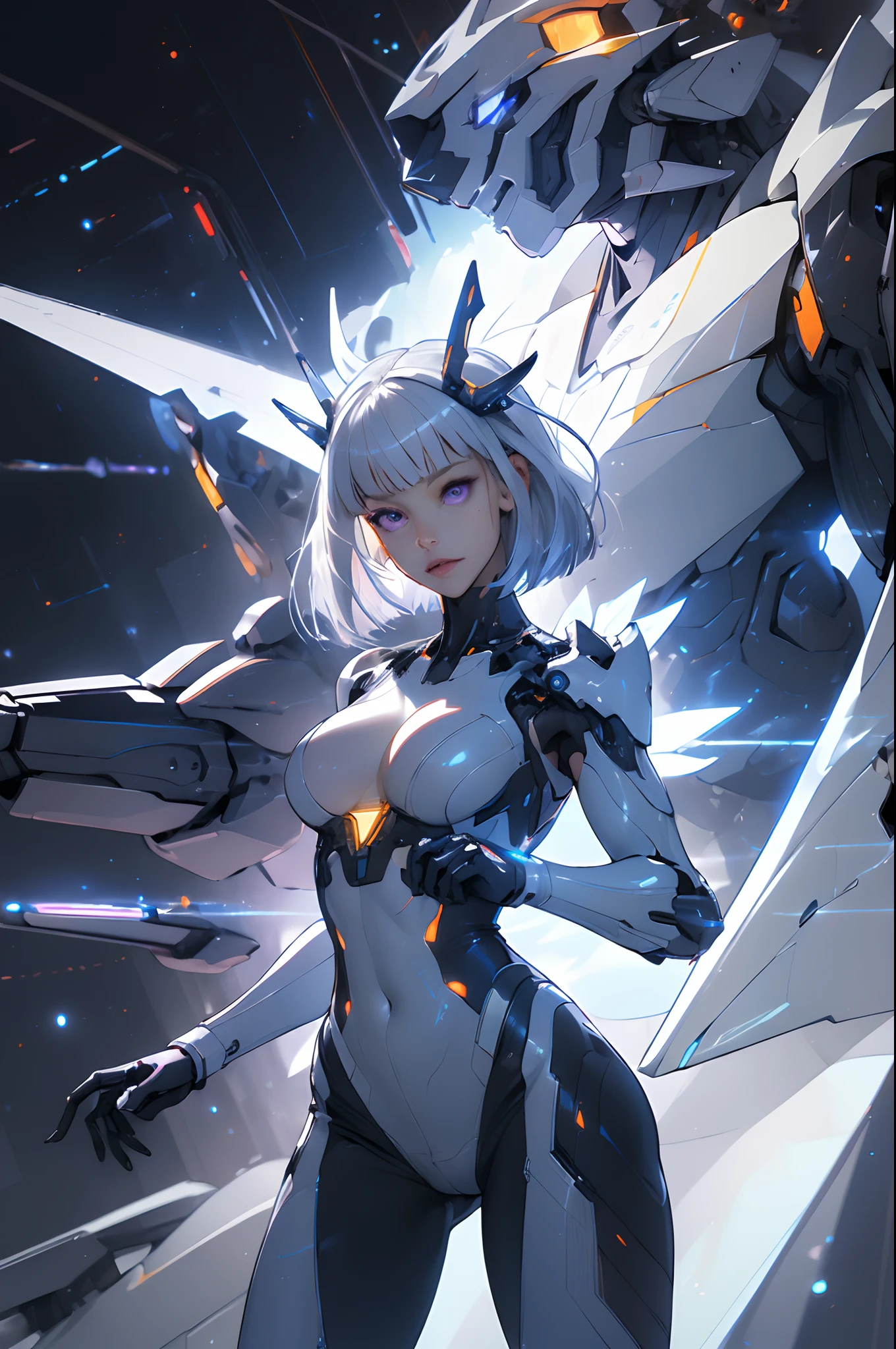 ((((Masterpiece, Best quality, high resolution)))), Extremely detailed 8K, Beautiful girl with slim body, (Ultra HD, Ultra-detailed, Highly detailed, Highly realistic, Ultra-realistic, photograph realistic), (1girll:1.5), realistic white hair, Short wavy hair, Bob cut, Purple eyes, (Large breasts: 1.2), cleavage, Mecha musume, (White full body suit), Luminous parts, Light particles, Light, Mechanical wings, Mechanical thrusters, Mecha headdress, cyber effect, cyber space, (Dynamic pose), Cowboy shot