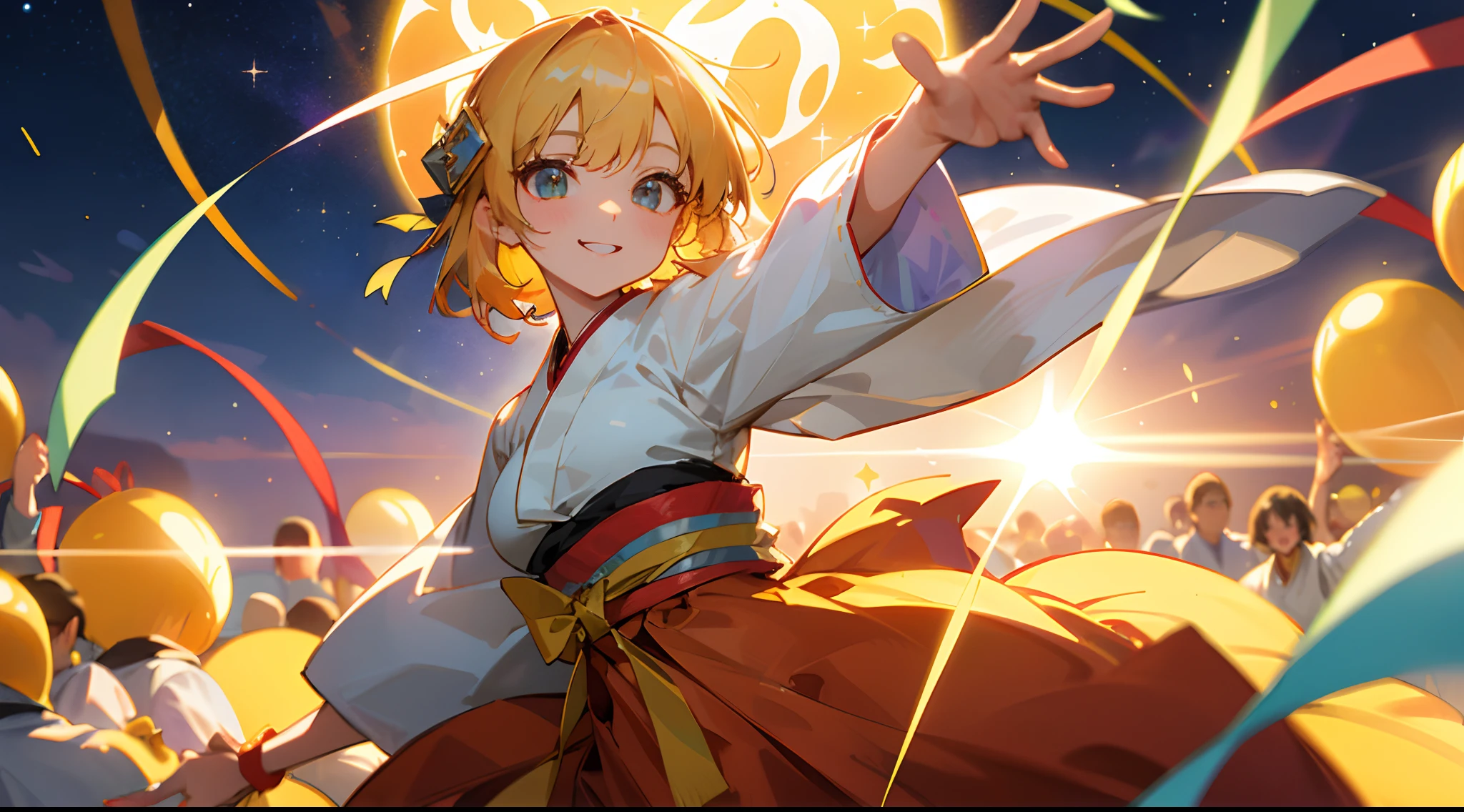 Best Quality 8k, Girl with beautiful face, Dancing Kagura Dance、 surround the whole body with ribbons, Drawing the whole body of a girl、And wrapped a ribbon around her arm, Ancient、Lively、Surrounded by a large dancing Ancient crowd、Many Ancient crowds behind、You can see the sparkling starry sky in the distance、Overflowing with sparkling fine light、colourfull、High color saturation、lensflare、wide-angle lens、Confident smile、Sparkling eyes