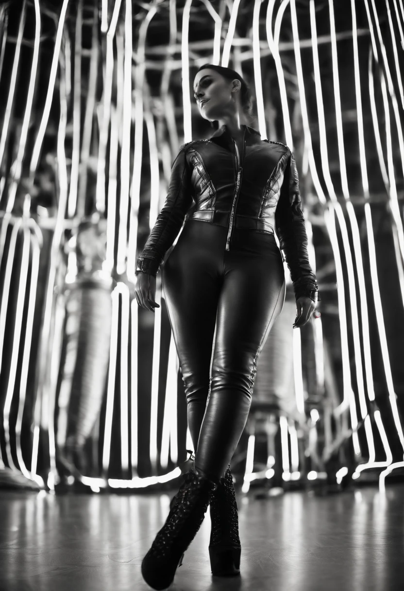 Gorgeous goddess in black latex pants and black latex Tron legacy themed jacket with black hair and deep eye shadow, sitting with legs up on a black couch in an empty black room, Tron legacy themed shoot, Tron, Tron legacy