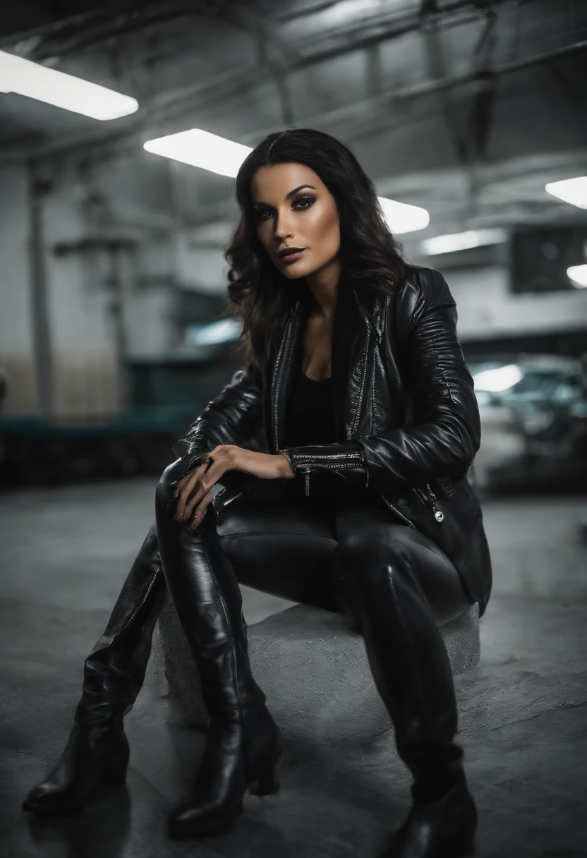 Gorgeous goddess in black latex pants and black latex Tron legacy themed jacket with black hair and deep eye shadow, sitting with legs up on a black couch in an empty black room, Tron legacy themed shoot, Tron, Tron legacy