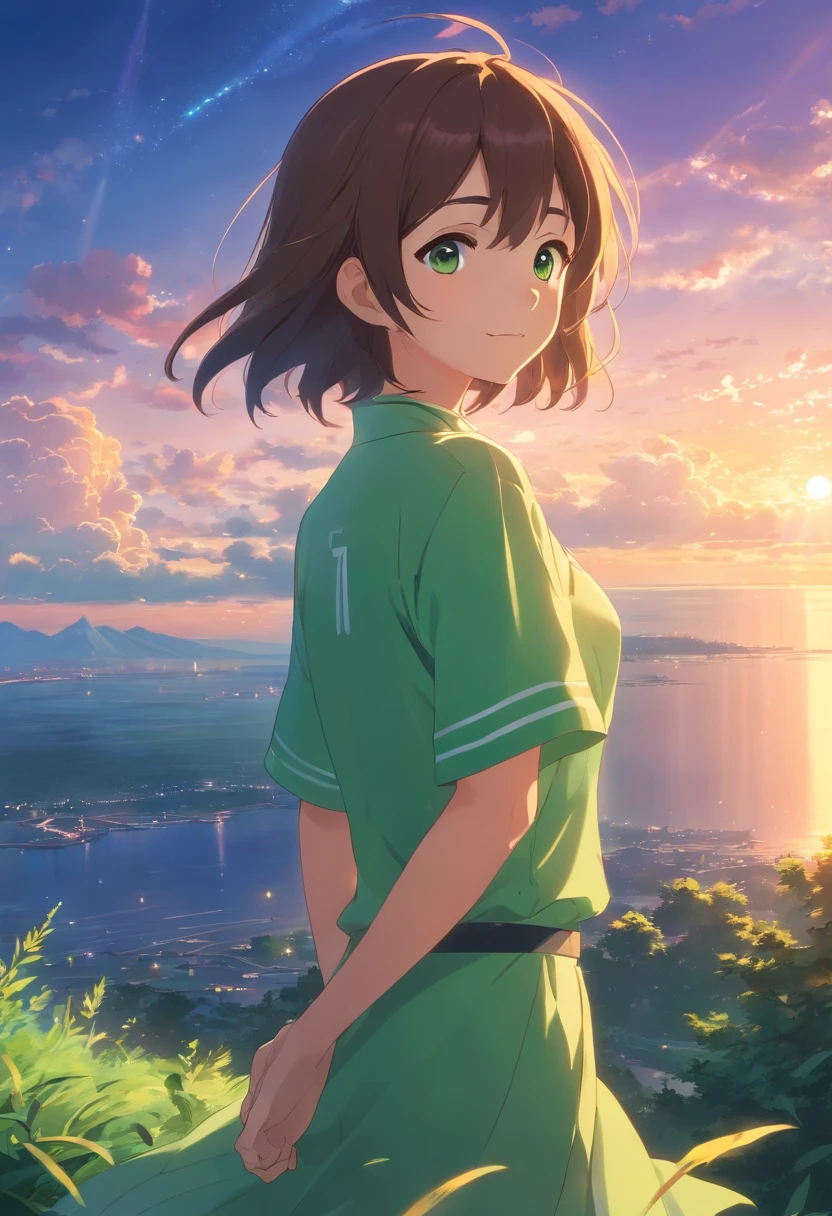 tmasterpiece，best qualtiy，cinematic Film still from，1girl，Cloud Girl，Floating in the sky，closeup cleavage，brightly，cheerfulness，Warm and soft lighting，the sunset，sweet，shiny，Green，（spark of light：0.7）