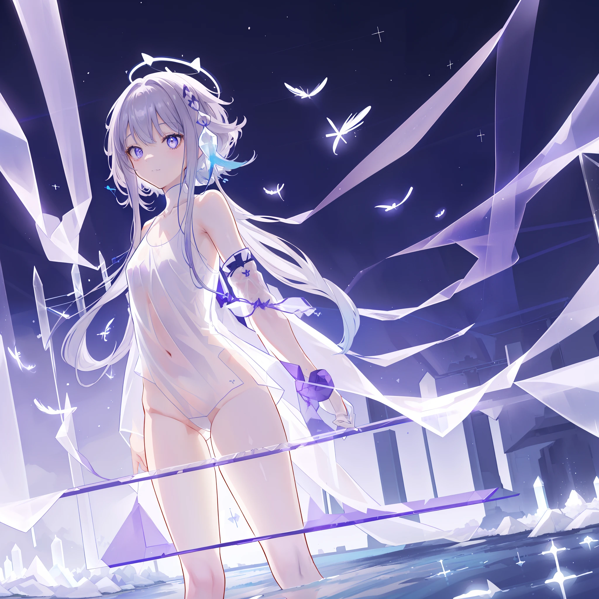 (((A far view: 1.4))) of an anime teen girl, (standing in a (river), (((half naked))), cinematic light, slim body with curves, skin is perfectly white, soft, and smooth, ((no nsfw)), Extremely delicate and beautiful CG illustration, best quality, high resolution, dynamic angle, full-length lens, (1 girl), floating, soft light, high-key lighting), glowing light, purple halo, feathers fluttering background, blue crystal, (((wearing nothing but a white (pure:1.5) (transparent) tank top)))