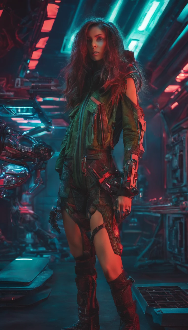 Beautiful girl small breasts, Wearing a rugged jacket, Long hair, Robotic arm in cyberpunk night scene, Cyberpunk red green background