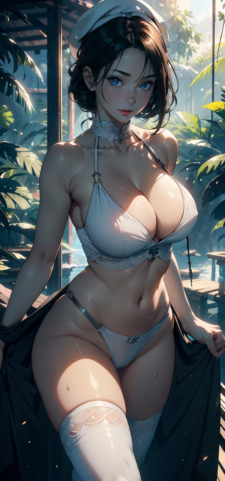 1female,45 yers old,Married Woman,熟妇,mature,plumw,extremely large bosom,Big breasts Thin waist,long leges, 独奏,(Background with:the rainforest,blasts,Sparkling) She has short black hair,bobo head,,seen from the front, Stand on tanks, mostly cloudy sky,(((tmasterpiece),(Very detailed CG unity 8K wallpaper),best qualtiy,cinmatic lighting,detailed back ground,beatiful detailed eyes,Bright pupils,Black eyes,Snow-whiteskin,Redlip(Very fine and beautiful),(Beautiful and detailed eye description),ultra - detailed,tmasterpiece,))facing at camera,A high resolution,ultra - detailed),revealing breasts,Bare genitalia, Bulge,legs are open,Raised sexy,Camel toes,Flushed complexion,Desire for dissatisfaction,frontage,us soldiers(Wearing:,,white beret)