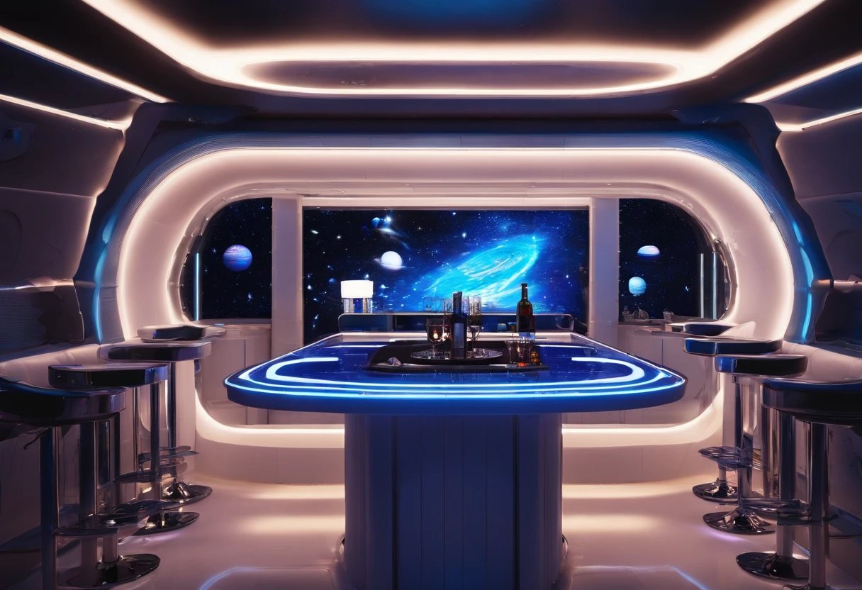 The bar table is designed in a futuristic, modern and technological style, with blue LED strips and a white bar