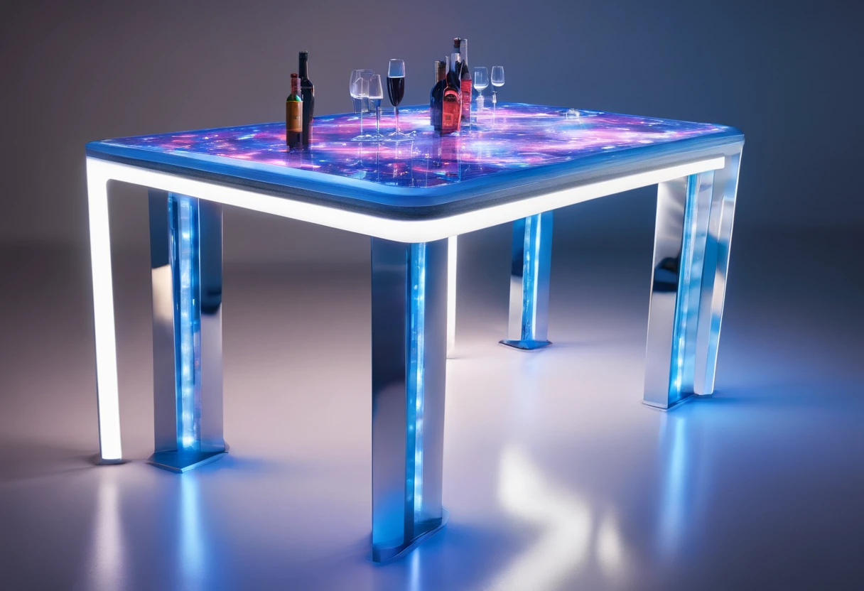 The bar table is designed in a futuristic, modern and technological style, with blue LED strips and a white bar