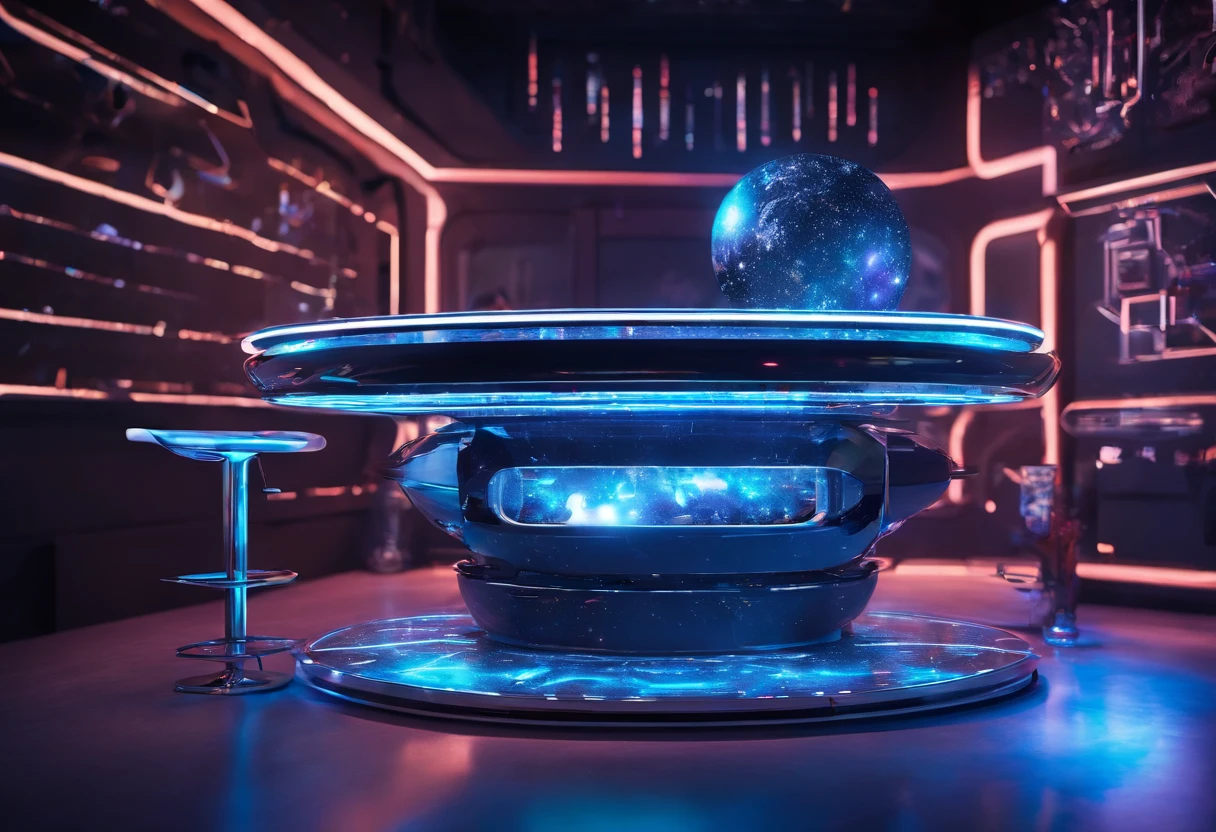 The bar table is designed in a futuristic, modern and technological style, with blue LED strips and a white bar