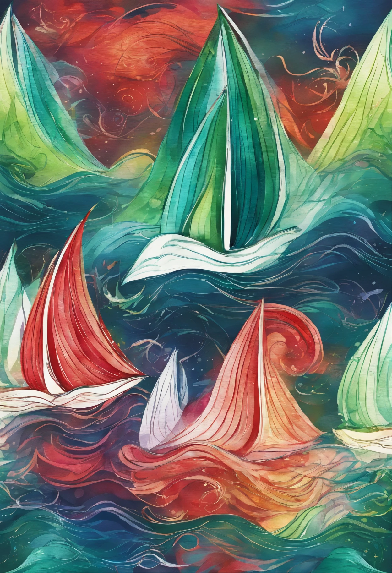 3d watercolor abstract,Dark background,high resolution,High quality,Colorful,Green,Red,Blue,Sail ships,sea monster,tentaculata,the sea,