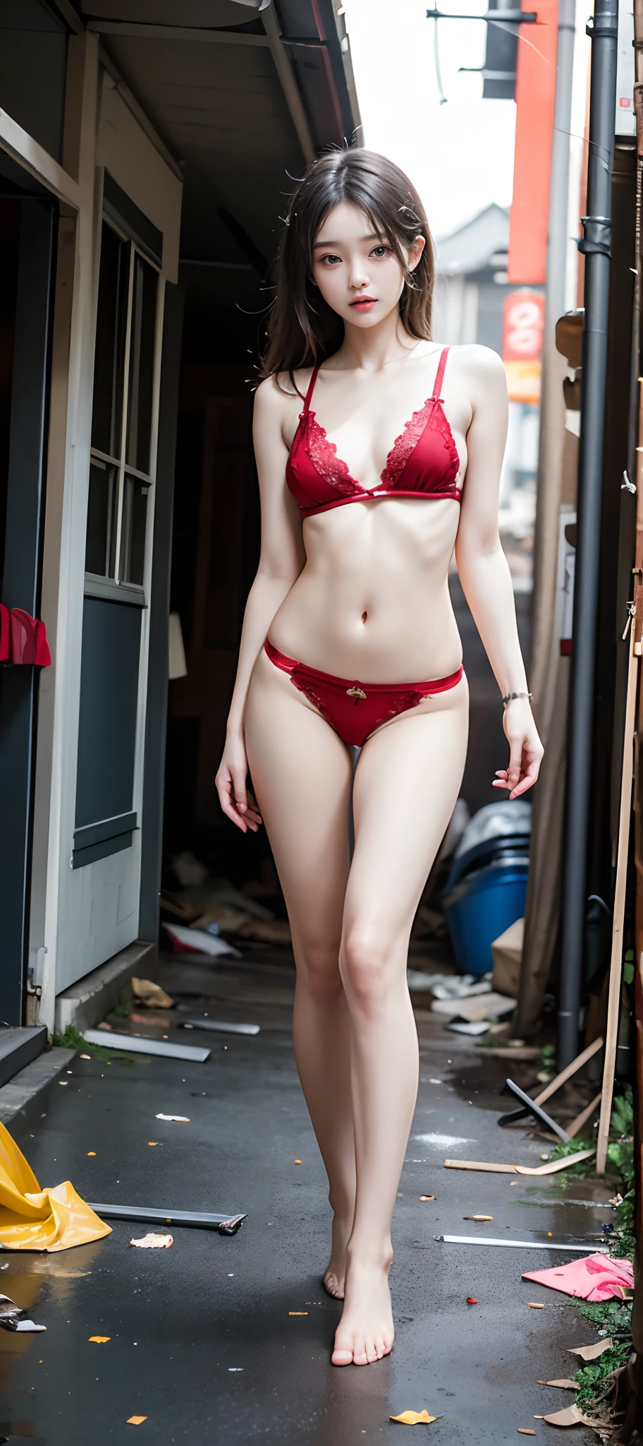 tmasterpiece,photograph realistic,Abandoned construction sites,Garbage all over the ground,grimy,Very beautiful 18 year old Chinese girl with ,full-body portraits,Sexy standing pose,Slim legs,very beautiful long slim legs,The barefoot,exhibitionists,Systemic random exposure,Exposing the genitals, red underwear lace thong