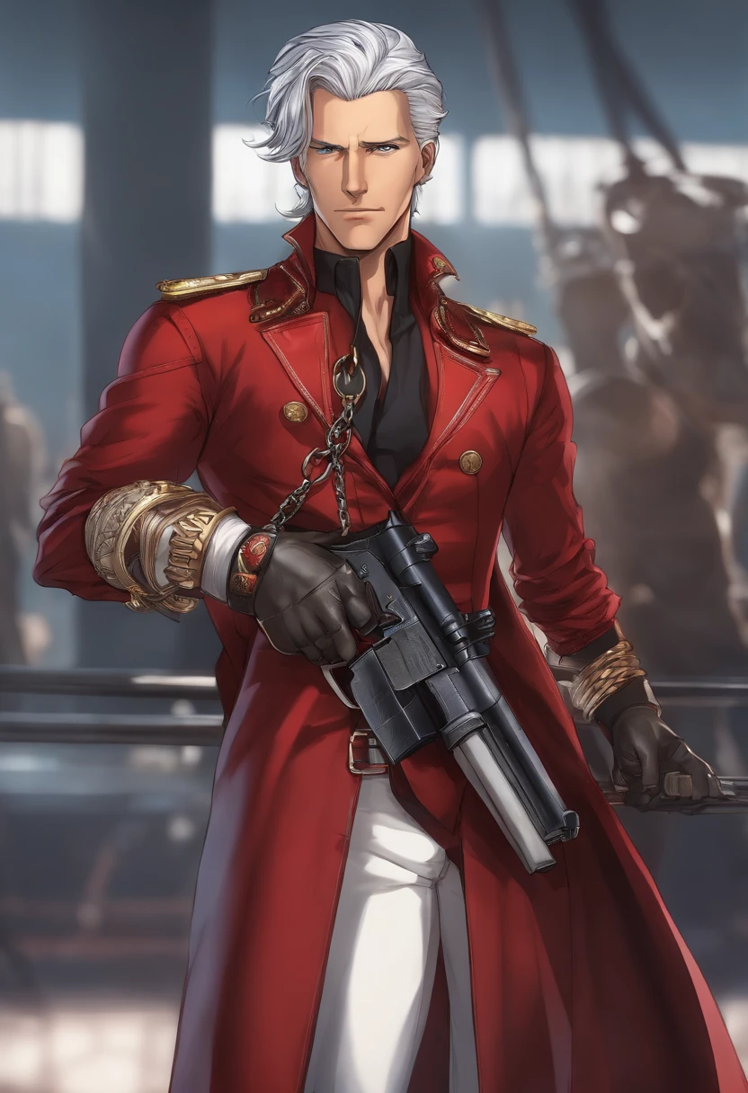 "A man in red pants holding a gun and chains, Joe Biden como um personagem JoJo, Gatilho Estilo de Arte de Anime, joseph joestar, arte chave do anime, filho de Sparda, Personagem de King of Fighters, personagem de anime masculino, Pin no anime, personagem de anime, Melhor Design de Personagens de Anime, Arte Oficial, personagem de jogo de luta, name of the character is chad, Vergil."