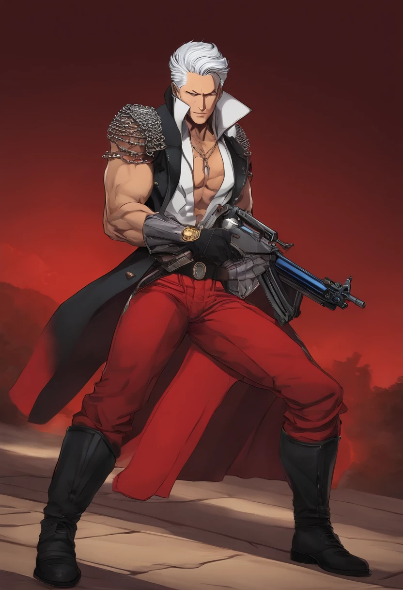 "A man in red pants holding a gun and chains, Joe Biden como um personagem JoJo, Gatilho Estilo de Arte de Anime, joseph joestar, arte chave do anime, filho de Sparda, Personagem de King of Fighters, personagem de anime masculino, Pin no anime, personagem de anime, Melhor Design de Personagens de Anime, Arte Oficial, personagem de jogo de luta, name of the character is chad, Vergil."