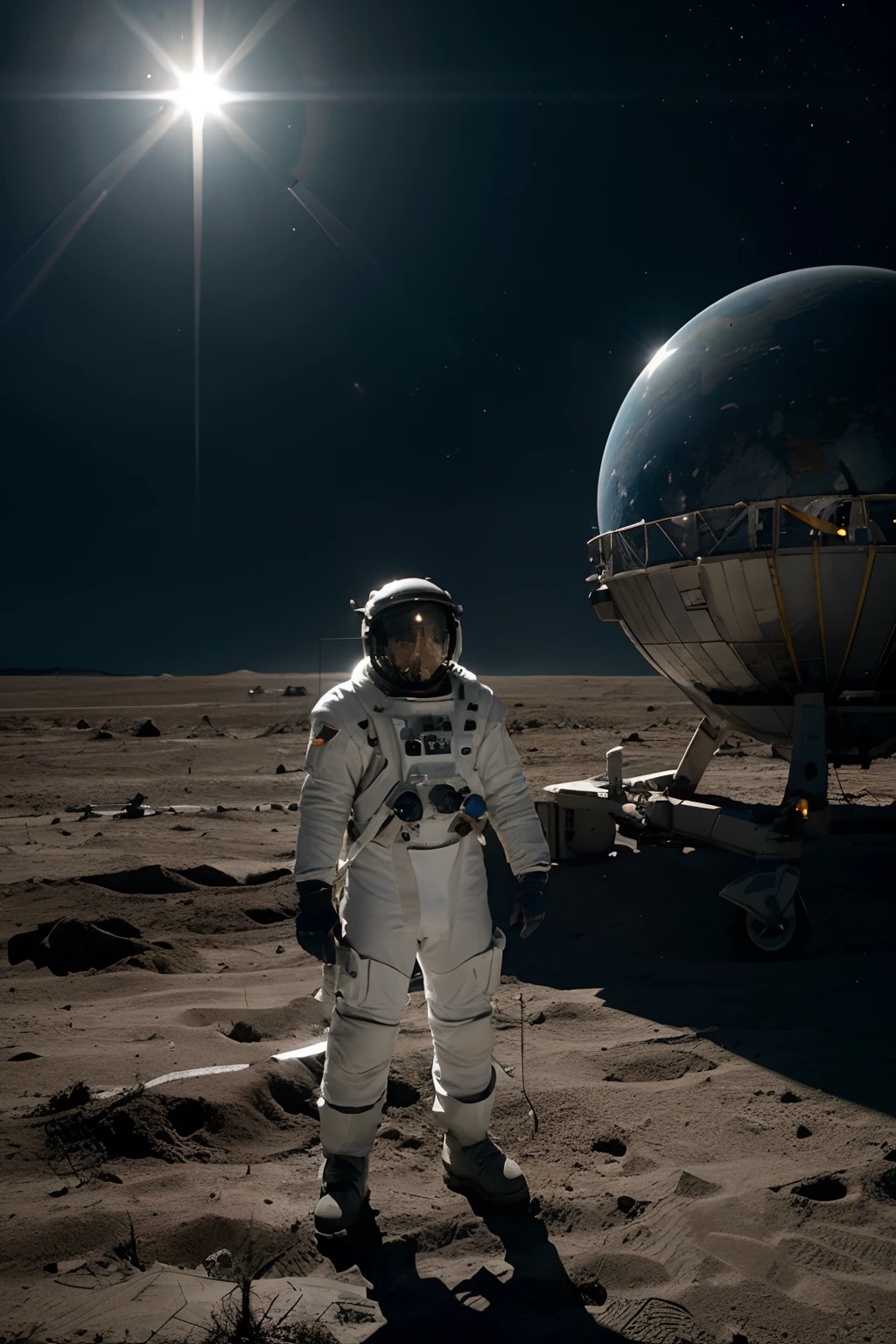 Cena:
An astronaut in his spacesuit is standing next to a mirrored, futuristic spaceship. The ship is landed on lunar soil or on some distant planet, with an alien landscape all around. The astronaut is holding a helmet in one hand and looking at the craft with an expression of admiration and achievement.
Ao fundo:
Planet Earth appears majestic in the sky, iluminado pela luz do sol distante. The Earth is seen as a blue and white globe, cercado por um fundo escuro pontilhado de estrelas. The beauty and fragility of the Earth contrast with the vastness of the space around it.
Keep in mind that you can utilize image editing software or collaborate with a graphic artist to create this scene visually.