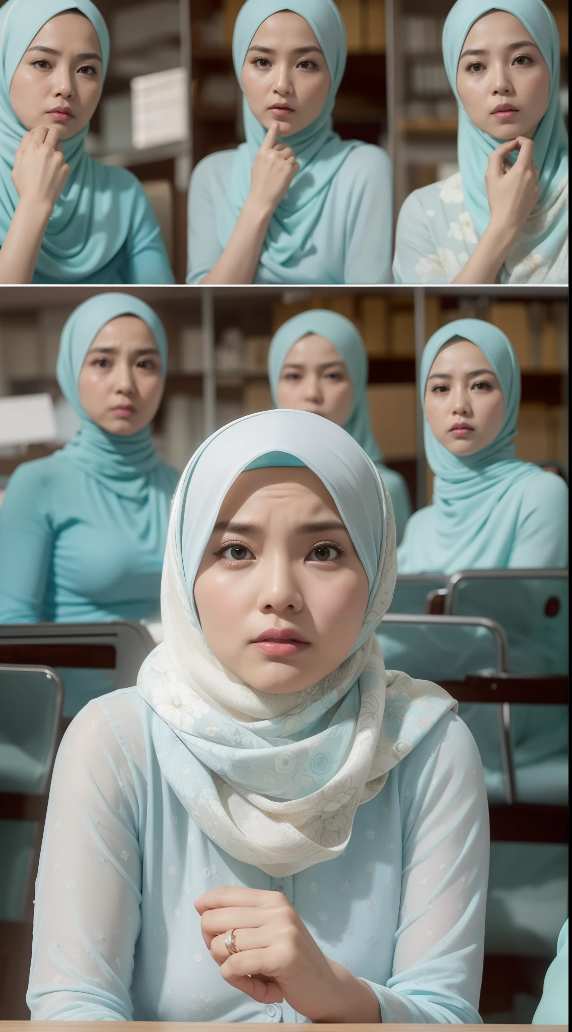 Beautiful fair skin matured malay girl in hijab seating in crowded meeting room angry, 60 years old, milf, angry pose, angry face, ultra detail face, detail skin texture and wrinkle, crowded meeting room, morning, wearing hijab, pastel color hijab, floral blue pastel office outfit, turquoise suits, small breast, flat chest, wide waist, beer belly, thick thighs, bright lighting, white lighting, dramatic lighting, high quality, cinematic movie shot angle and framing,