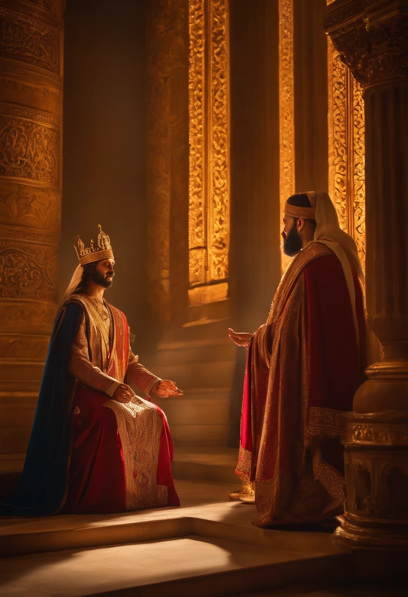 (the prophet Nathan,kneeling before Solomon's throne,faces glowing with divine light, Solomon, young and noble, wearing a crown, sitting confidently on the throne, the other leaders of the kingdom, standing in awe and reverence, their faces filled with anticipation and respect, the ceremony taking place in a grand hall, adorned with intricate tapestries and golden chandeliers, the atmosphere filled with solemnity and significance, rays of sunlight streaming through stained glass windows, casting a colorful glow on the scene, the room filled with the fragrance of burning incense and the sound of soft chanting, capturing the sacredness of the moment, the detailed brushstrokes capturing every expression and gesture, bringing the characters to life, the colors vibrant and rich, showcasing the opulence of the palace and the significance of the occasion, the shadows and highlights expertly rendered, creating a sense of depth and realism, the intricate details of the characters' garments, adorned with exquisite embroidery and jewels, symbolizing their status and power, the flickering candlelight casting a warm and subtle glow on their faces, capturing their emotions and adding a touch of intimacy to the scene, the overall composition balanced and harmonious, drawing the viewer's eye to the central figures and their symbolic significance, the painting inviting the viewers to witness this historic moment in the kingdom's history, a masterpiece of visual storytelling.)