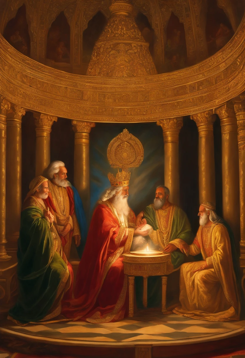 (the prophet Nathan,kneeling before Solomon's throne,faces glowing with divine light, Solomon, young and noble, wearing a crown, sitting confidently on the throne, the other leaders of the kingdom, standing in awe and reverence, their faces filled with anticipation and respect, the ceremony taking place in a grand hall, adorned with intricate tapestries and golden chandeliers, the atmosphere filled with solemnity and significance, rays of sunlight streaming through stained glass windows, casting a colorful glow on the scene, the room filled with the fragrance of burning incense and the sound of soft chanting, capturing the sacredness of the moment, the detailed brushstrokes capturing every expression and gesture, bringing the characters to life, the colors vibrant and rich, showcasing the opulence of the palace and the significance of the occasion, the shadows and highlights expertly rendered, creating a sense of depth and realism, the intricate details of the characters' garments, adorned with exquisite embroidery and jewels, symbolizing their status and power, the flickering candlelight casting a warm and subtle glow on their faces, capturing their emotions and adding a touch of intimacy to the scene, the overall composition balanced and harmonious, drawing the viewer's eye to the central figures and their symbolic significance, the painting inviting the viewers to witness this historic moment in the kingdom's history, a masterpiece of visual storytelling.)