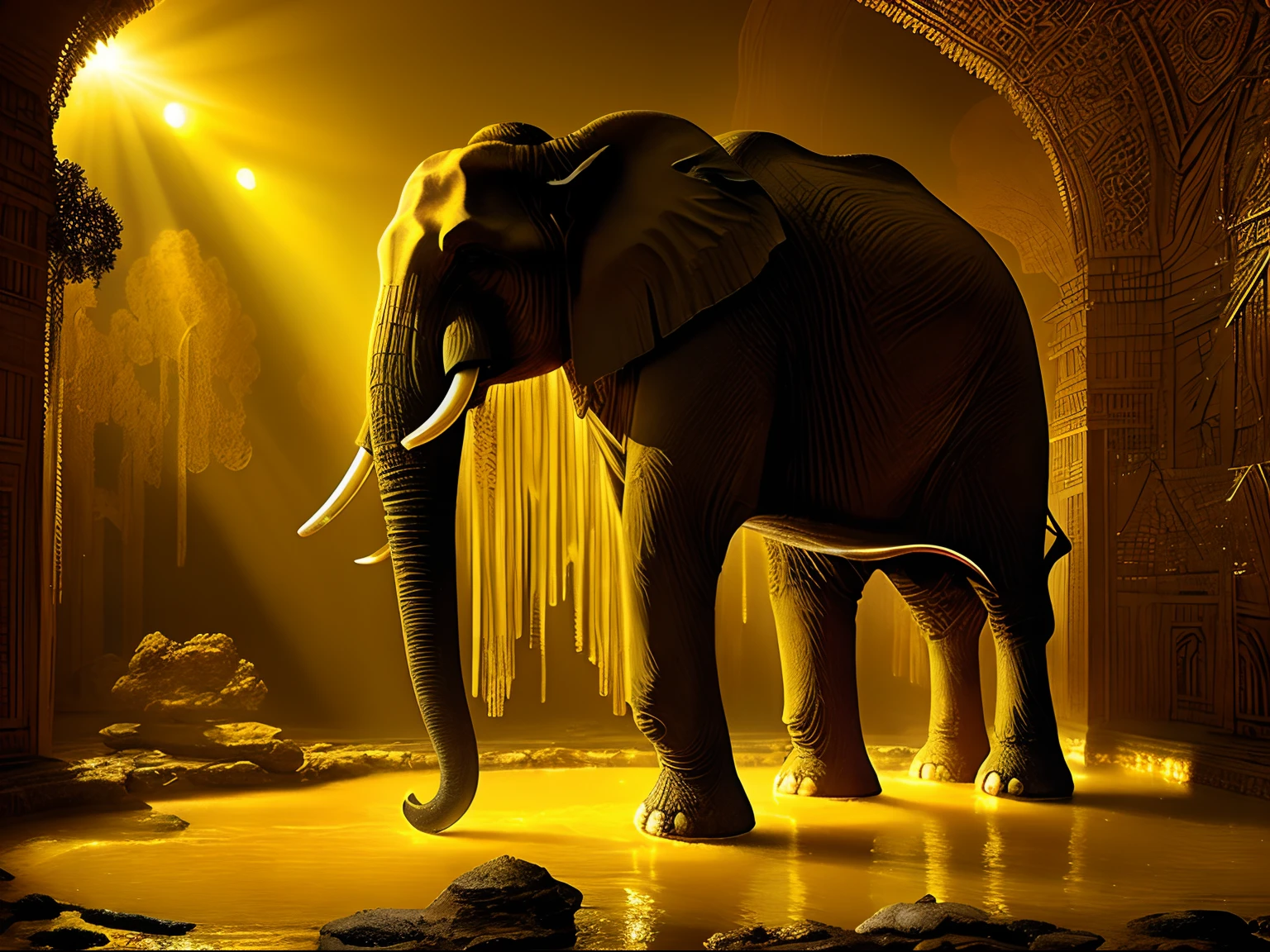 A majestic Indian elephant, emerging from golden and yellow liquid crystal pools, Chemiluminescent Surrealism Style, with zero-point energy fields, style raw, lawrencium lights