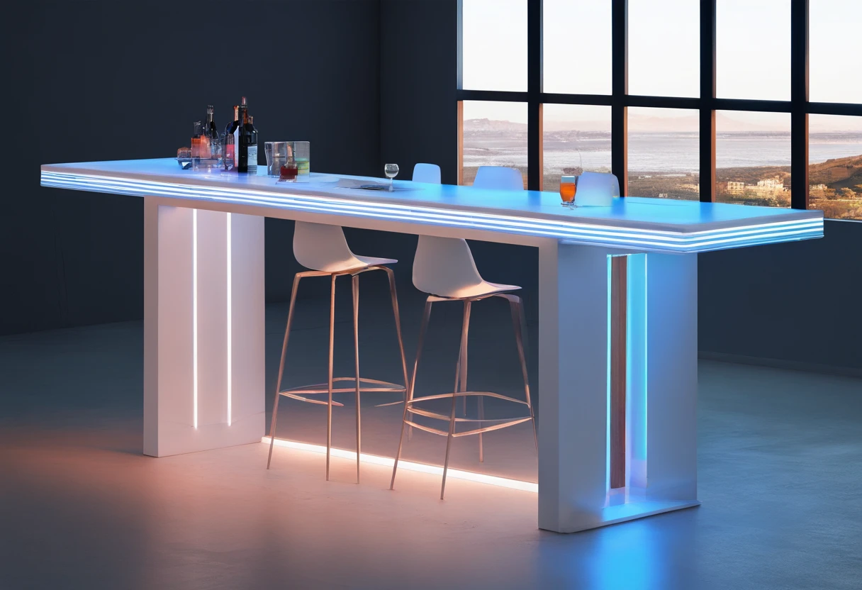The bar table is designed in a futuristic, modern and technological style, with blue LED strips and a white bar