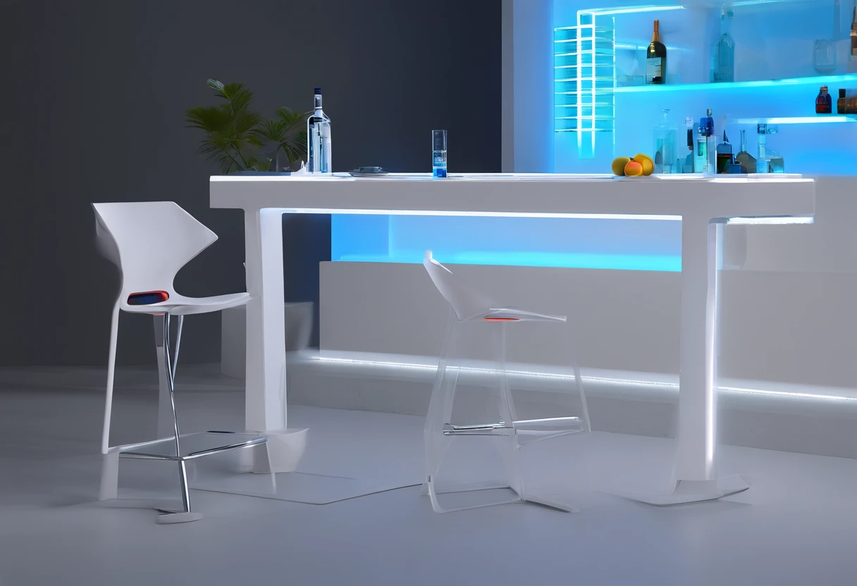 The bar table is designed in a futuristic, modern and technological style, with blue LED strips and a white bar