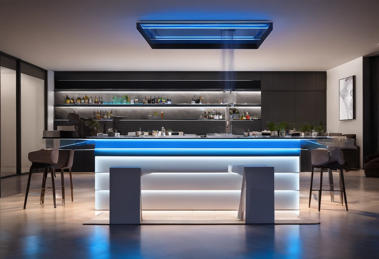 The bar table is designed in a futuristic, modern and technological style, with blue LED strips and a white bar
