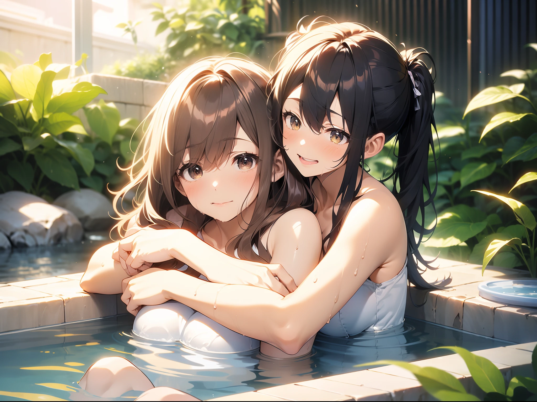 in 8K、top-quality、​masterpiece、ultra-detailliert、Ultra-high resolution、((two individuals))、2 girls、brown haired、poneyTail、medium chest、outdoor bath、((())Baths made of rocks)、wetting hair、wetted skin、Red face、Wrap a bath towel around your body、hiding chest with hands、((steams))、Flirting、Hug me from behind、((suprised))