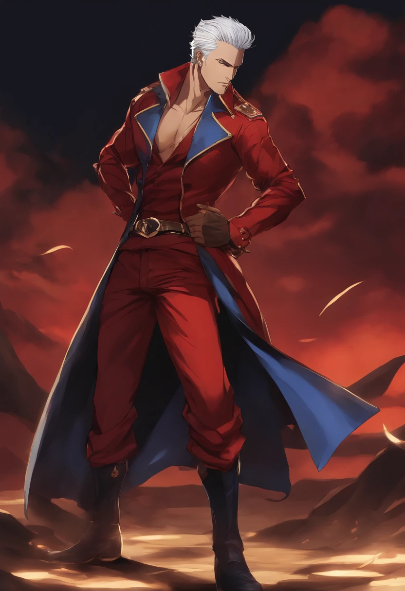 "A man in red pants holding a Sansetsukon, Joe Biden como um personagem JoJo, Gatilho Estilo de Arte de Anime, joseph joestar, arte chave do anime, filho de Sparda, Personagem de King of Fighters, personagem de anime masculino, Pin no anime, personagem de anime, Melhor Design de Personagens de Anime, Arte Oficial, personagem de jogo de luta, name of the character is chad, Vergil."