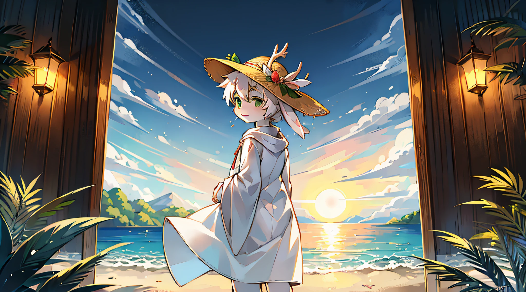 A white deer,Green eyes,long white robe,sandbeach,the ocean,the setting sun,flowing robe,eventide,Straw Hat Hat,Shota,adolable,facing away from the audience,having fun,Expectant eyes,deer antlers,Standard facial features,gentleness