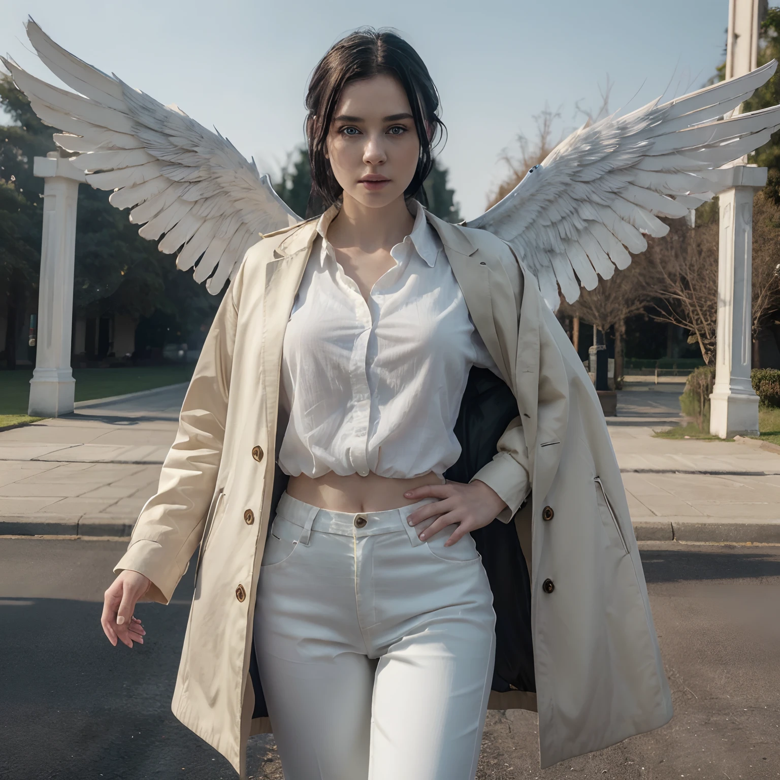 (best quality,4k,8k,highres,masterpiece:1.2),ultra-detailed,(realistic,photorealistic,photo-realistic:1.37),supernatural,pale skin, blue eyes,short black hair, long faded yellow overcoat, (White shirt), ((black pants)), girl, expressionless, sky scenery, angel wings in the form of shadow.