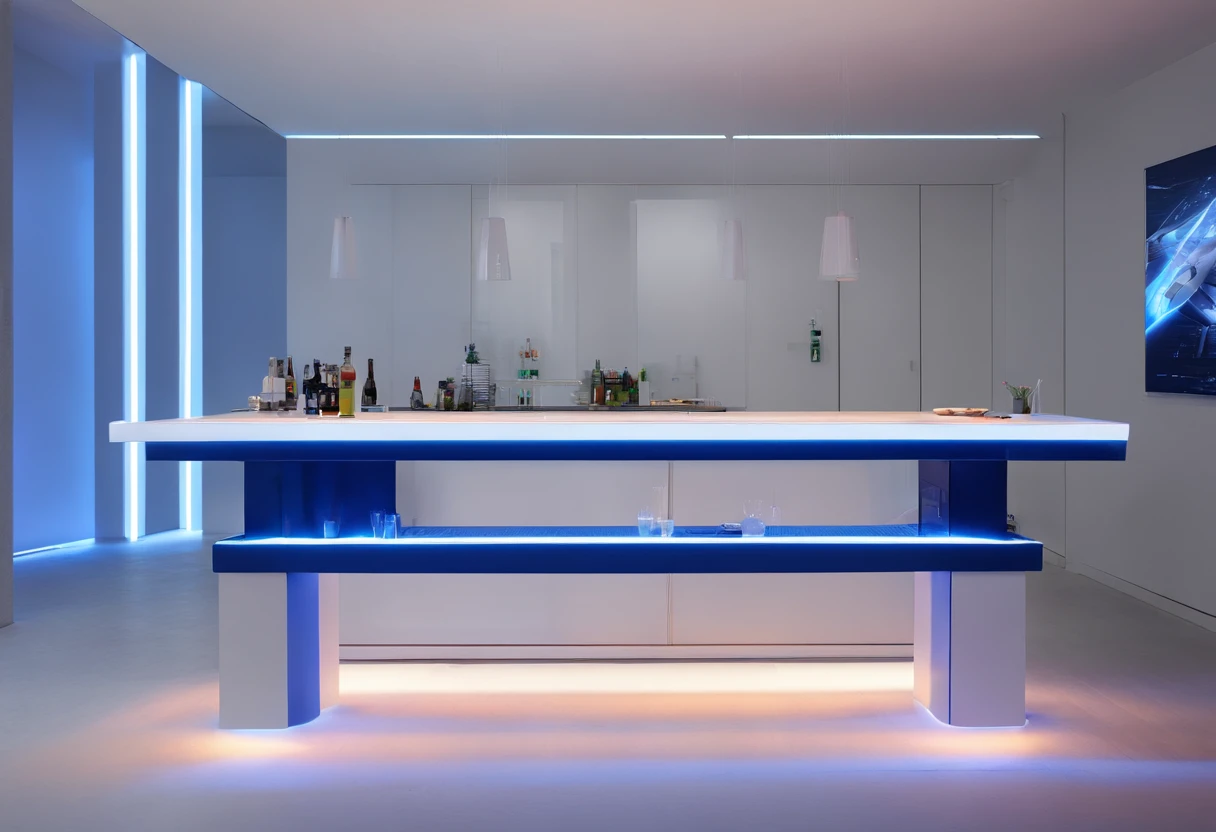 The bar table is designed in a futuristic, modern and technological style, with blue LED strips and a white bar, future, cyber, Computer