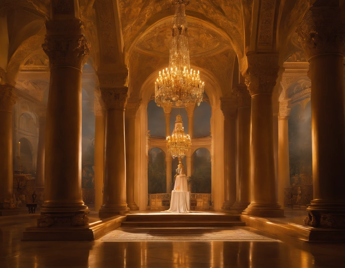 the prophet Nathan;,kneeling before Solomon's throne,rostos brilhando com luz divina, Solomon, jovens e nobres, usando uma coroa, sentado confiantemente no trono, The Other Kingdom Leaders, Admiration and reverence, seus rostos cheios de expectativa e respeito, The ceremony taking place in a large hall, adorned with intricate tapestries and gilded chandeliers, o ambiente cheio de solenidade e significado, rays of sun flowing through stained glass windows, casting a colorful glow on the scene, the room filled with the fragrance of burning incense and the sound of soft singing, Captando a sacralidade do momento, The detailed brushstrokes that capture every expression and gesture, dando vida aos personagens, as cores vibrantes e ricas, showcasing the opulence of the palace and the significance of the occasion, as sombras e os realces habilmente renderizados, creating a sense of depth and realism, os detalhes intrincados das roupas dos personagens, adornado com bordados requintados e joias, simbolizando seu status e poder, the twinkling candlelight casting a warm and subtle glow on their faces, capturing your emotions and adding a touch of intimacy to the scene, The overall balanced and harmonious composition, Drawing the viewer's eye to the central figures and their symbolic meaning, The painting inviting viewers to witness this historic moment in the kingdom's history, uma obra-prima da narrativa visual.)