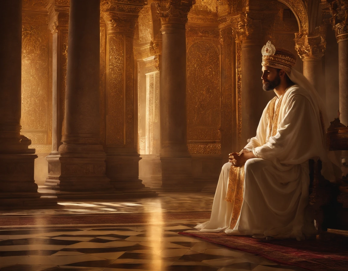 the prophet Nathan;,kneeling before Solomon's throne,rostos brilhando com luz divina, Solomon, jovens e nobres, usando uma coroa, sentado confiantemente no trono, The Other Kingdom Leaders, Admiration and reverence, seus rostos cheios de expectativa e respeito, The ceremony taking place in a large hall, adorned with intricate tapestries and gilded chandeliers, o ambiente cheio de solenidade e significado, rays of sun flowing through stained glass windows, casting a colorful glow on the scene, the room filled with the fragrance of burning incense and the sound of soft singing, Captando a sacralidade do momento, The detailed brushstrokes that capture every expression and gesture, dando vida aos personagens, as cores vibrantes e ricas, showcasing the opulence of the palace and the significance of the occasion, as sombras e os realces habilmente renderizados, creating a sense of depth and realism, os detalhes intrincados das roupas dos personagens, adornado com bordados requintados e joias, simbolizando seu status e poder, the twinkling candlelight casting a warm and subtle glow on their faces, capturing your emotions and adding a touch of intimacy to the scene, The overall balanced and harmonious composition, Drawing the viewer's eye to the central figures and their symbolic meaning, The painting inviting viewers to witness this historic moment in the kingdom's history, uma obra-prima da narrativa visual.)